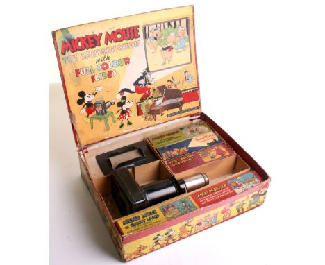 Mickey Mouse Toy Lantern Outfit with Full Colour Slides, English pre-war, colourful box with Mickey and Minnie and various Di