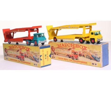 Matchbox Major Pack M-8 Guy Warrior Car Transporter’ “Farnborough-Measham” turquoise tractor unit, orange K-8 articulated tra