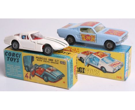 Two Boxed Corgi Toys, 324 Marcos Marcos 1800 GT with Volvo Engine, white body, two green stripes to bonnet, spoke wheels, dri