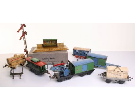 Hornby Series 0 gauge rolling stock, Shell, BP Motor Spirit tank wagon, No.2 GW breakdown van and crane, GW flat truck with c