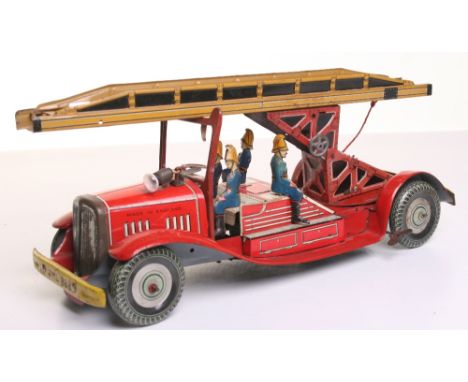 Mettoy (Gt.Britain) Tinplate Fire Engine, with escape ladder, working clockwork motor, red lithographed tinplate body, four f