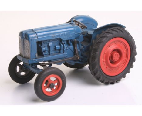 Chad Valley Fordson Major tractor, mid blue with orange wheel hubs, hinged seat, steering wheel and rubber tyres, good condit