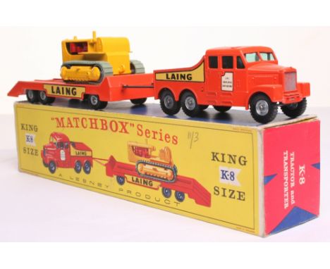 Matchbox Kingsize K-8 Tractor and Transporter ‘Laing’ Scammell 6 x 6 tractor, with trailer, orange with ‘Laing’ decals and D.