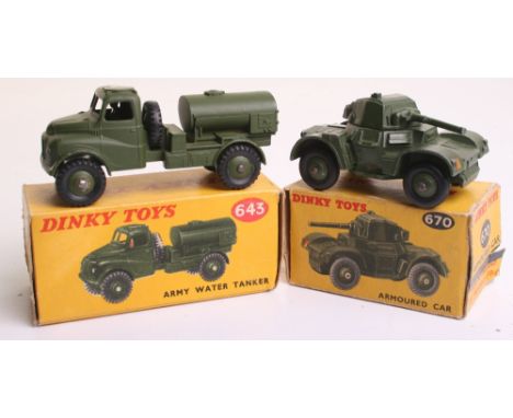  Two Dinky Toys Boxed Military Models, 643 Army water Tanker and 670 Armoured Car, both in excellent condition, with good to 