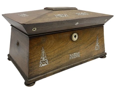Early 19th century rosewood sarcophagus shaped tea caddy inlaid with mother-of-pearl, having two lidded compartments and late