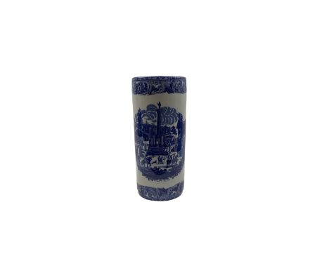 Blue and white stick stand decorated with transfer printed cityscape, H44cm