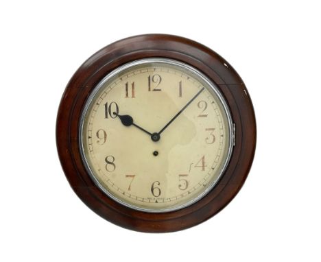 English - 8-day wall clock c1930, with a mahogany dial surround and glazed chrome spun bezel, 12" painted dial with Arabic nu