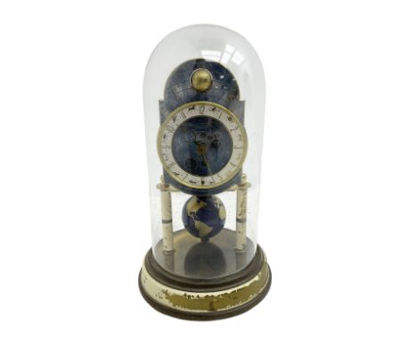 German - mid 20th century J Kaiser 400-day "universe" torsion clock with a glass dome, skeleton movement raised on two column