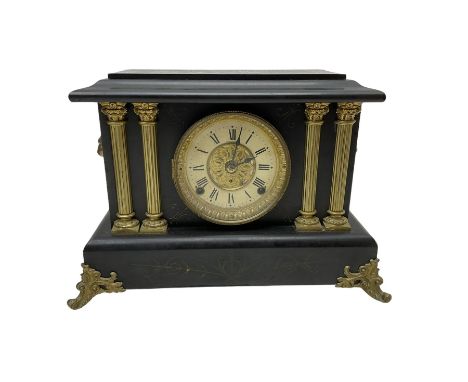 Seth Thomas - American 8-day late 19th century faux slate mantle clock, wooden case with a flat top, decorative gilt metal co