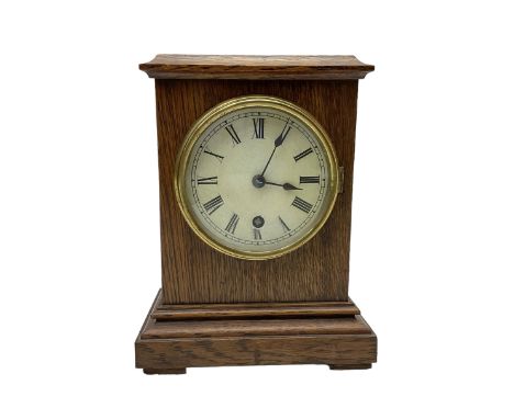 German - late 19th century oak cased 8-day timepiece mantle clock , with a flat top, moulded  base raised on block feet, pain
