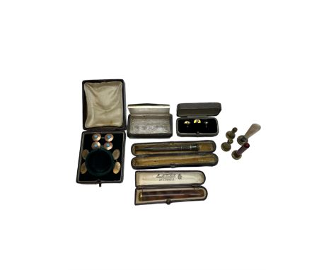 Wax seal with mother of pearl handle, and three similar, together with two pairs of gilt metal cufflinks, three rolled gold p