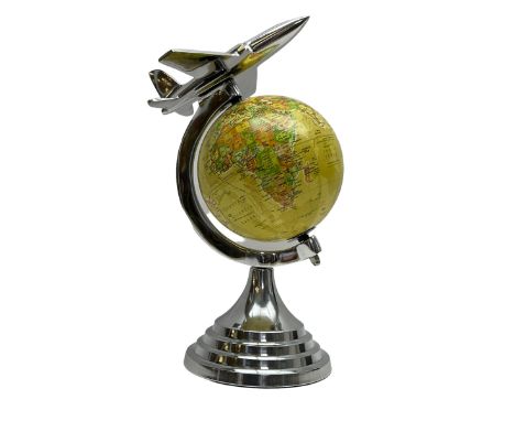 Art Deco style world globe with chrome aeroplane finial and mounts, H31cm