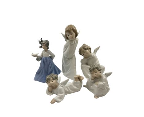 Four Lladro figures, including Angel Laying Down no 4541, Angel Pensando no 4539 etc, together with Nao figure 