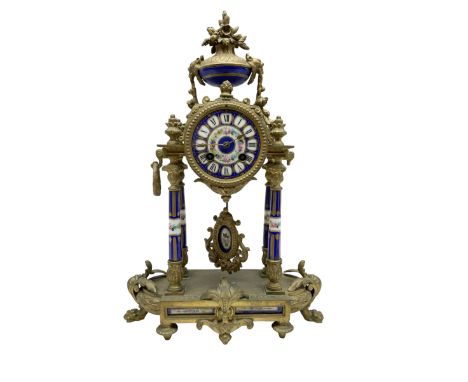 French - late 19th century 8-day spelter portico clock, drum movement raised on four porcelain columns and surmounted by an o