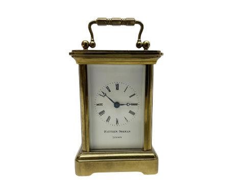 Matthew Norman - miniature 20th century brass carriage clock, 8-day timepiece movement in a corniche case with an enamel dial