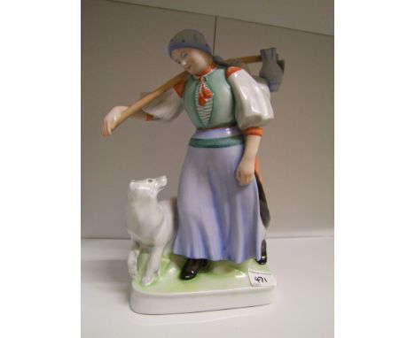 Zsolnay Pecs large signed figure of a lady with dog: 