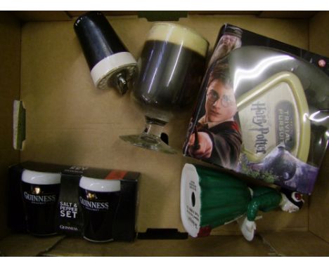 A mixed collection of items to include: Guinness salt &amp; pepper set, Guinness table lighter, Burleigh Sherry Girl decanter