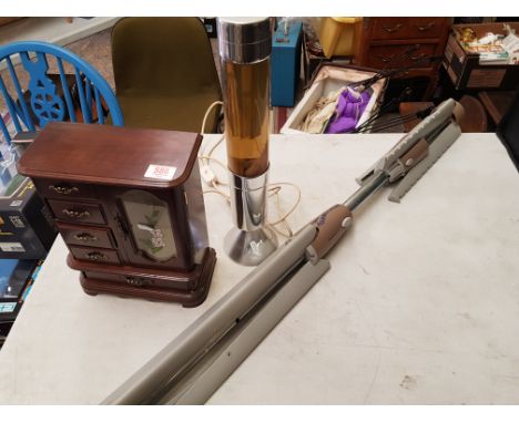 Vintage chrome lava lamp: together with a wooden jewellery chest and a clothes airing/hanging tripod (3). 