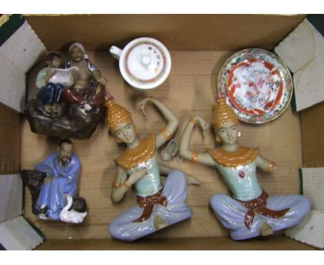A  collection of 4 Oriental figures (1 a/f) and ceramic cups and saucers etc 