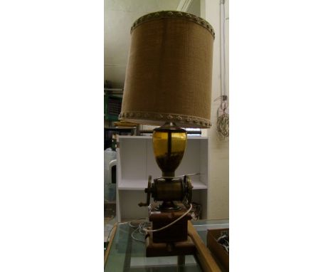 A large novelty table lamp and shade: in the form of a vintage coffee grinder, overall height 95cm approx. 