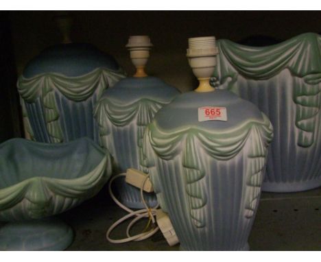 Three Art Deco style ceramic lamp bases: together with matching bowl and planter. 