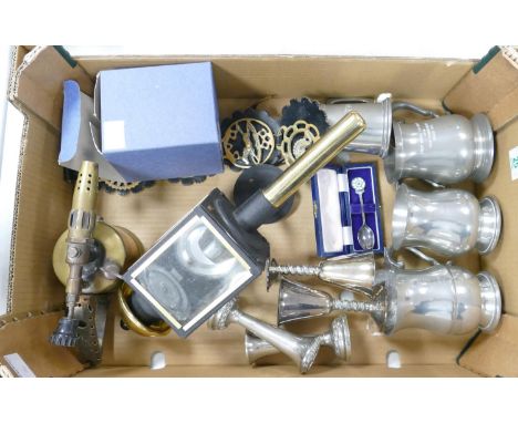 A mixed collection of items to include: pewter tankards, silver plated Goblets, Brass Burner, reproduction Carriage Lamp etc 