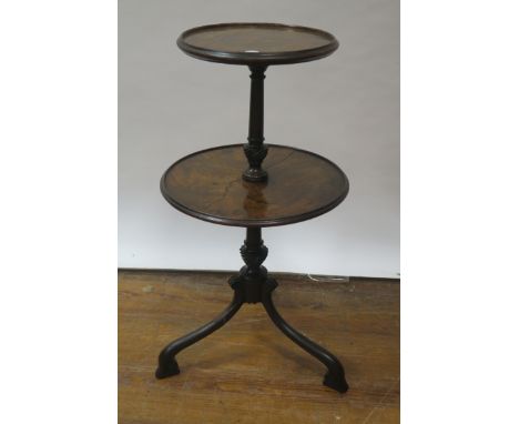 A 19th CENTURY GEORGIAN STYLE TWO TIER OCCASIONAL TABLE, with raised rims on turned tapering and column central support with 