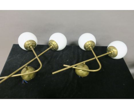A VINTAGE PAIR OF ITALIAN BRASS AND MURANO GLASS WALL MOUNTED TWO LIGHT  SCONCES, in the style of Stilnovo, the brass tubular