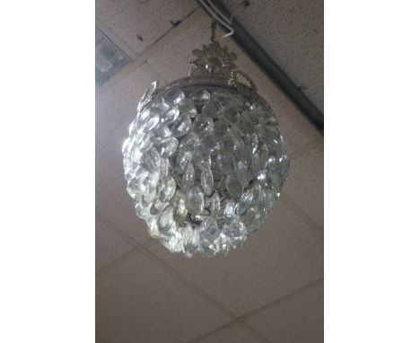 A CONTINENTAL CUT GLASS AND OPEN BEAD WORK FRAMED BASKET CENTRE LIGHT, hung with fastnet pendent