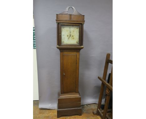 A 19th CENTURY OAK LONGCASE CLOCK, the white painted dial enscribed Wm Flint Ashford, raised on a moulded base with bracket f