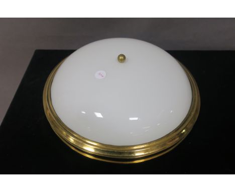AN ITALIAN 20th CENTURY BRASS FRAMED AND WHITE GLAZED CLOSE COUPLED CIRCULAR CEILING LIGHT, c.1970,40cms diameter.