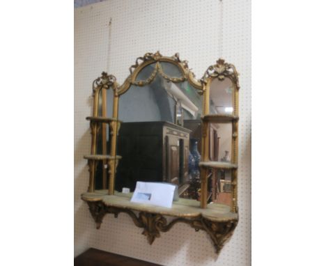 A 19TH CENTURY GILTWOOD OVERMANTLE MIRROR the compartmented plate within a moulded and bead work frame headed by a ribbon tie
