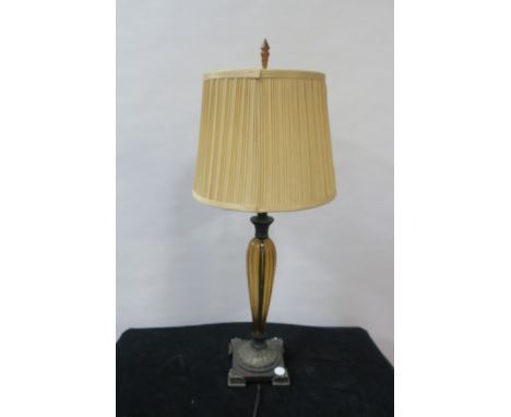 A CONTINENTAL METAL & TOPAZ GLASS TABLE LAMP, with pleated shade 80cms high