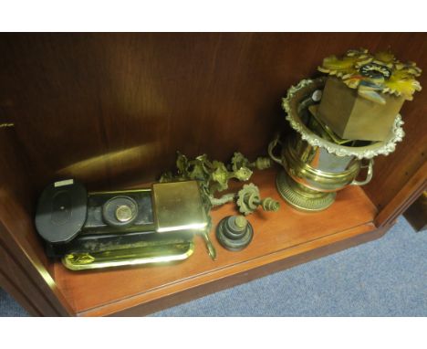 A MISCELLANEOUS COLLECTION, to include a brass weighing scales, a pair of wall lights, part cuchoo clock, plated ice bucket e