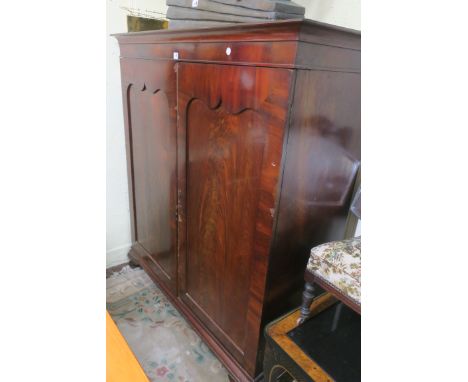 A MAHOGANY FRAMED 19TH CENTURY LINEN PRESS the moulded cornice above a plain frieze, the pair of panel doors opening to revea
