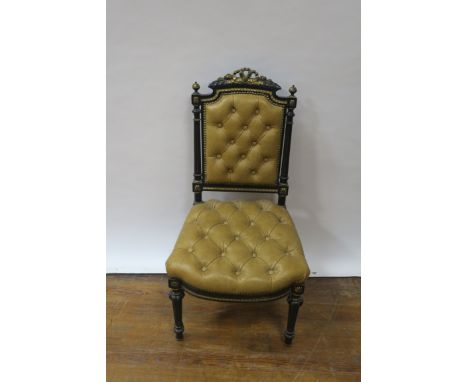 A 19th CENTURY GILT EBONISED SINGLE CHAIR, the rectangular back headed by a ribbon tied cartouche with buttoned upholstered p