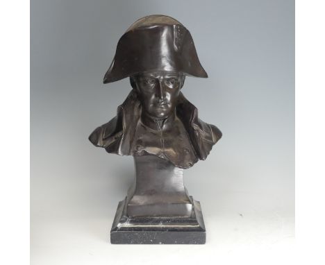 After Félix Lecomte (French, 1727-1818), a bronze bust of Napoleon Bonaparte, set on a black marble plinth, signed ‘Lecomte 8