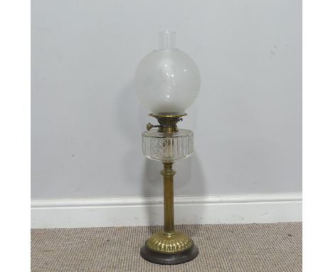 A Victorian&nbsp;Rippingilles duplex No.3 brass Oil Lamp, with cut glass reservoir below etched shade and funnel, H 69 cm.