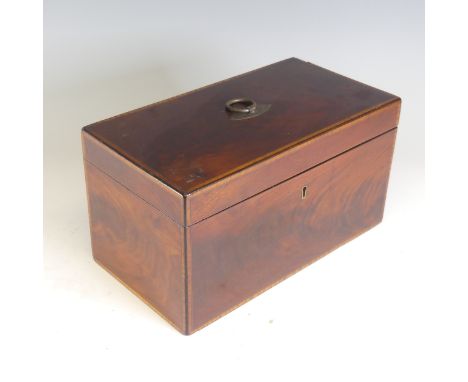 A 19th century mahogany Tea Caddy, with walnut stringing, the interior complete with&nbsp;separate lidded cannisters and late
