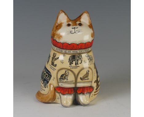 A Joan and David De Bethel, Rye Pottery, Alphabet Cat, with glass eyes and decoupage decoration, the base hand&nbsp;inscribed