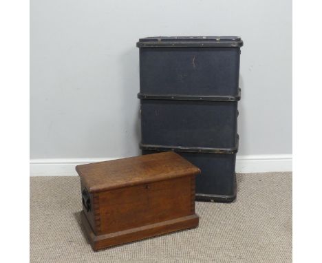 A 19th century miniature oak Chest/Trunk, W 49.5 cm x H 29 cm x D 28 cm, together with a vintage blue Trunk/Suitcase, W 83 cm