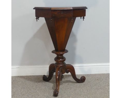 A late 19th century mahogany sewing Table, the octagonal hinged top enclosing a fitted interior, raised on a turned column an