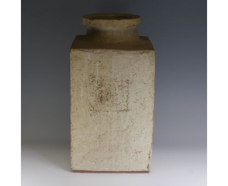 Ian Auld (British, 1928-2000) a large studio pottery Vase, slab built square form with incised decoration on each side, round