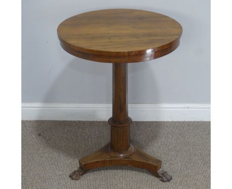 A 19th century rosewood occasional/wine Table, the circular top raised on chamfered column and tripod claw feet, W 53 cm x H 