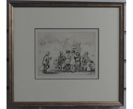 John Henry Dowd (British, 1883-1956), Children and the Pond Yacht, etching, signed in pencil, image size 15cm x 20cm, framed 