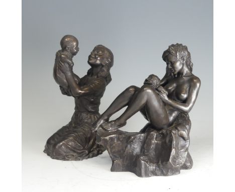 A 20th century cold cast bronze group of a mother and child, impressed signature ‘R’ 91 and seal mark, 18cm high, and a Mento