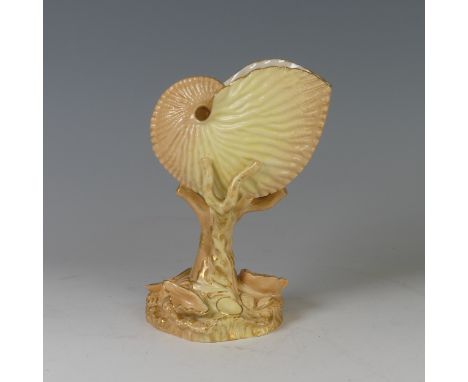 A Royal Worcester blush ivory Shell vase, shape 101, with coral stem and shell base, decorated in gilt, puce printed mark, da
