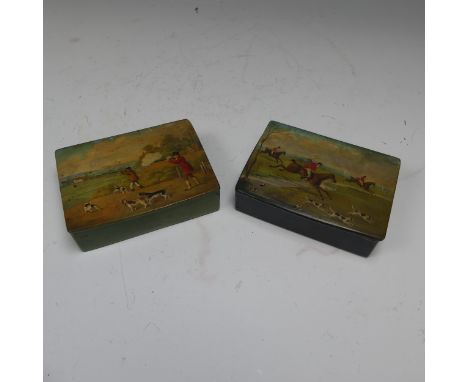 A 19th century papier mâché Snuff Box, of rectangular form, the hinged cover painted with a Fox Hunting scene, 12cm wide, tog