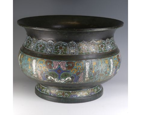 A large antique Chinese cloisonné bronze baluster-shaped Jardiniere, with flared rim and bands of decorations, D 40cm x H 28c