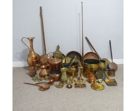 A very large antique copper Teapot, H 38 cm, together with a large quantity of 19th century and later copper and brass, inclu